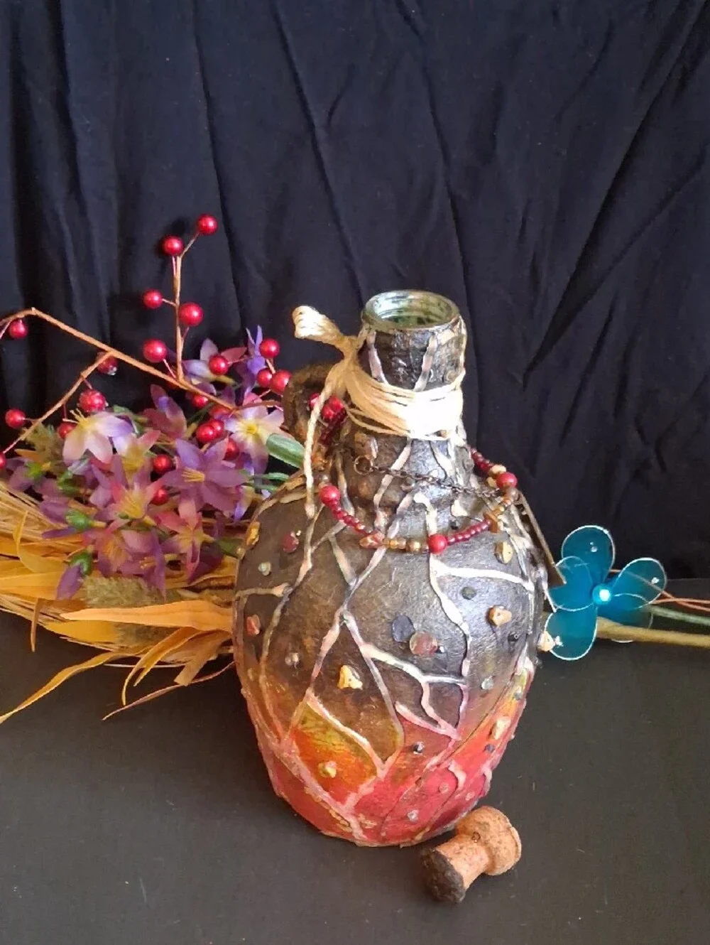 Artisan Decorative Green Glass and Metal Accent Bottle - Handcrafted Home Accent